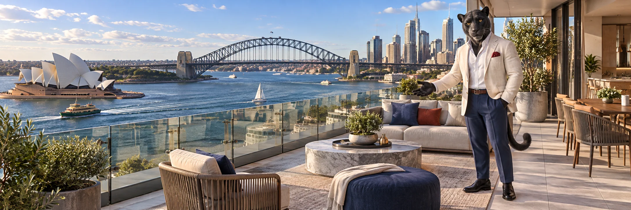 Black panther welcoming a guest with an open hand, Sydney Harbour rooftop with glass balustrades, daylight skyline.