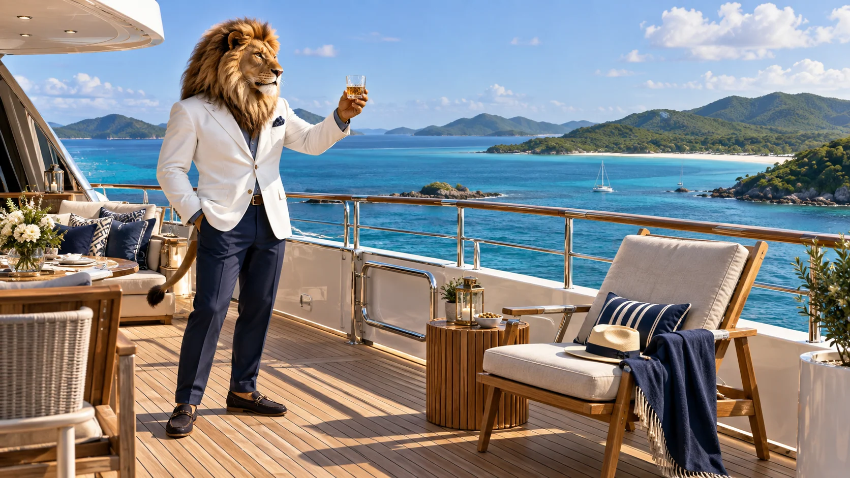 Lion raising a small glass toward an empty deck chair, private yacht teak deck at the Whitsundays, blue sea and islands.