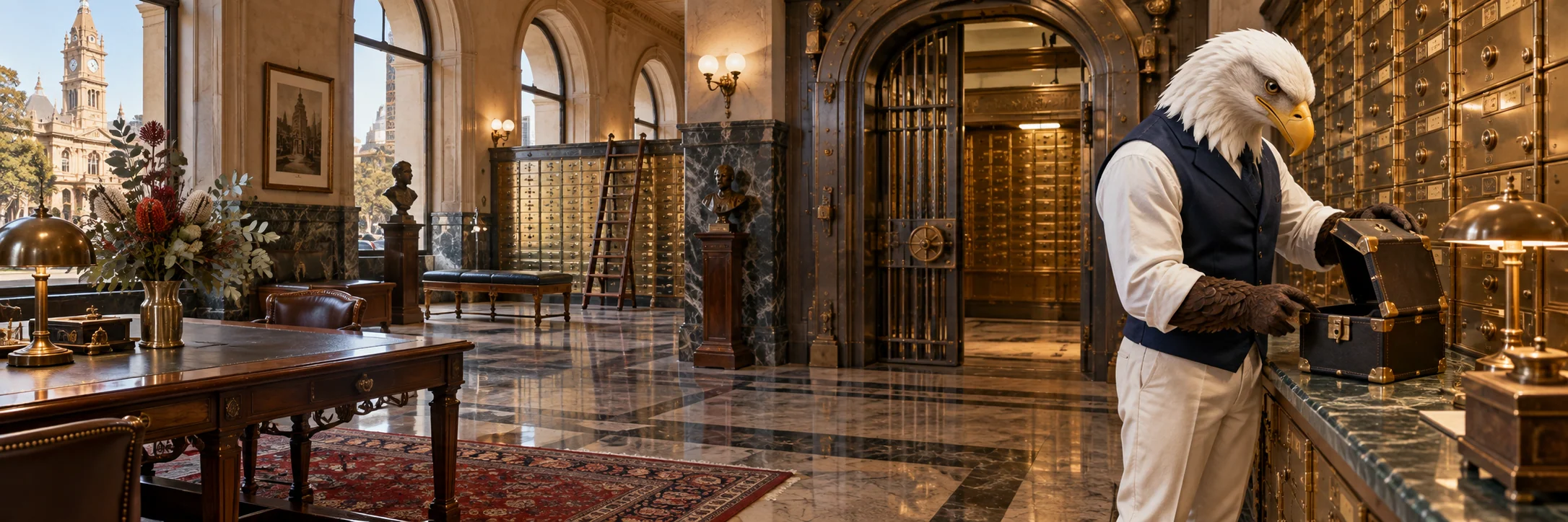 Eagle checking a small locked case, heritage bank vault with gold bronze lockers in Bendigo.