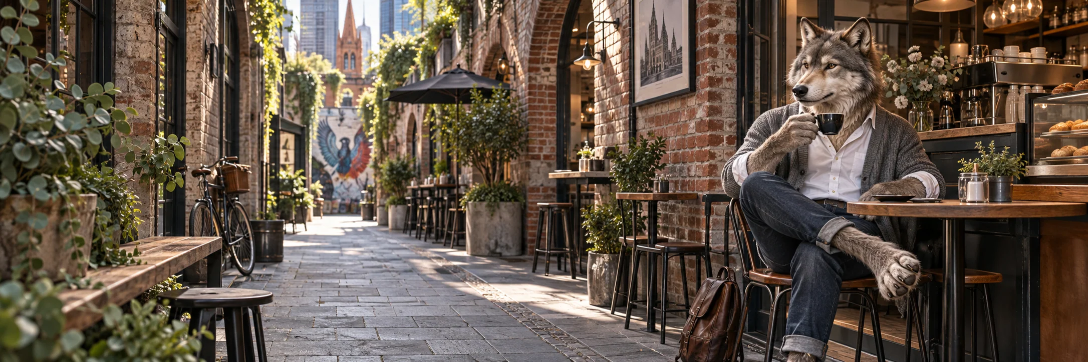 Wolf sitting at a small table with a cup, Melbourne laneway espresso bar with brick arches.