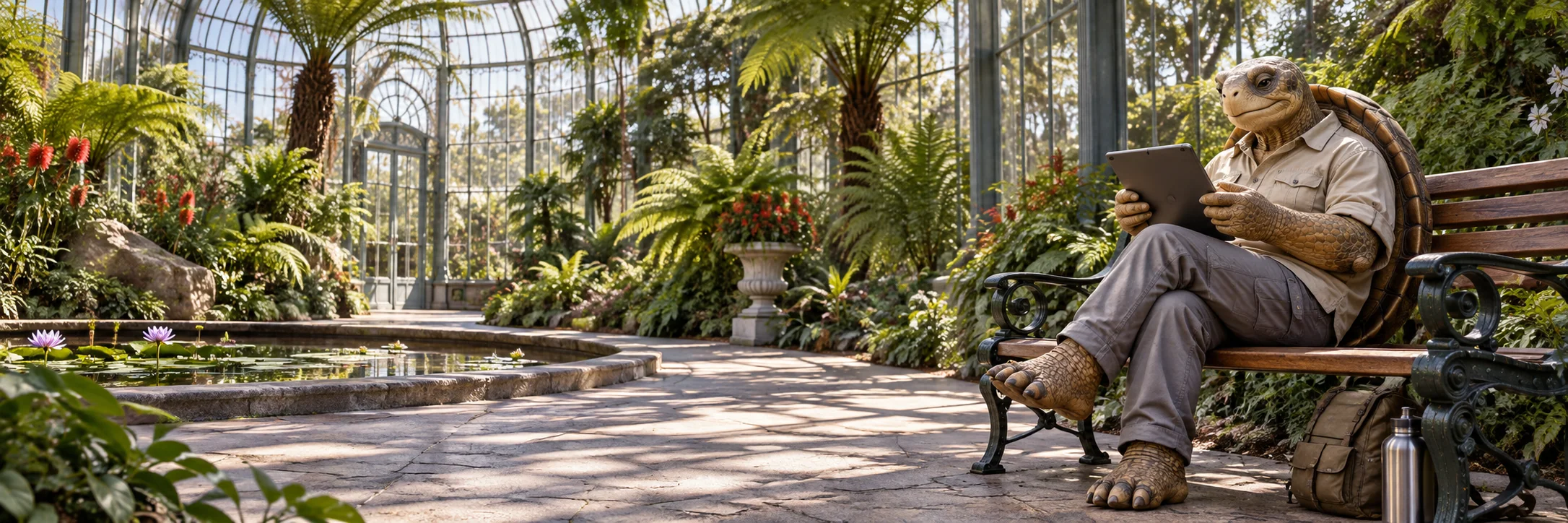 Tortoise reading on a tablet while seated, Adelaide botanic glasshouse with lush ferns.