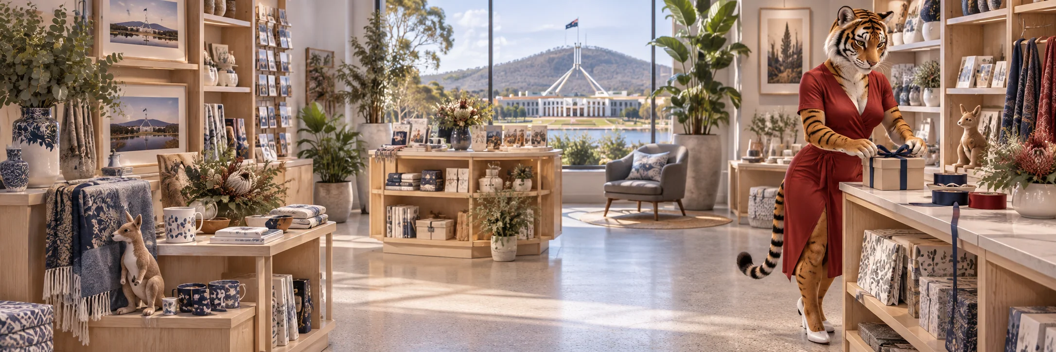 Tigress tying a ribbon around a small present, Canberra gift boutique with pale timber shelving.