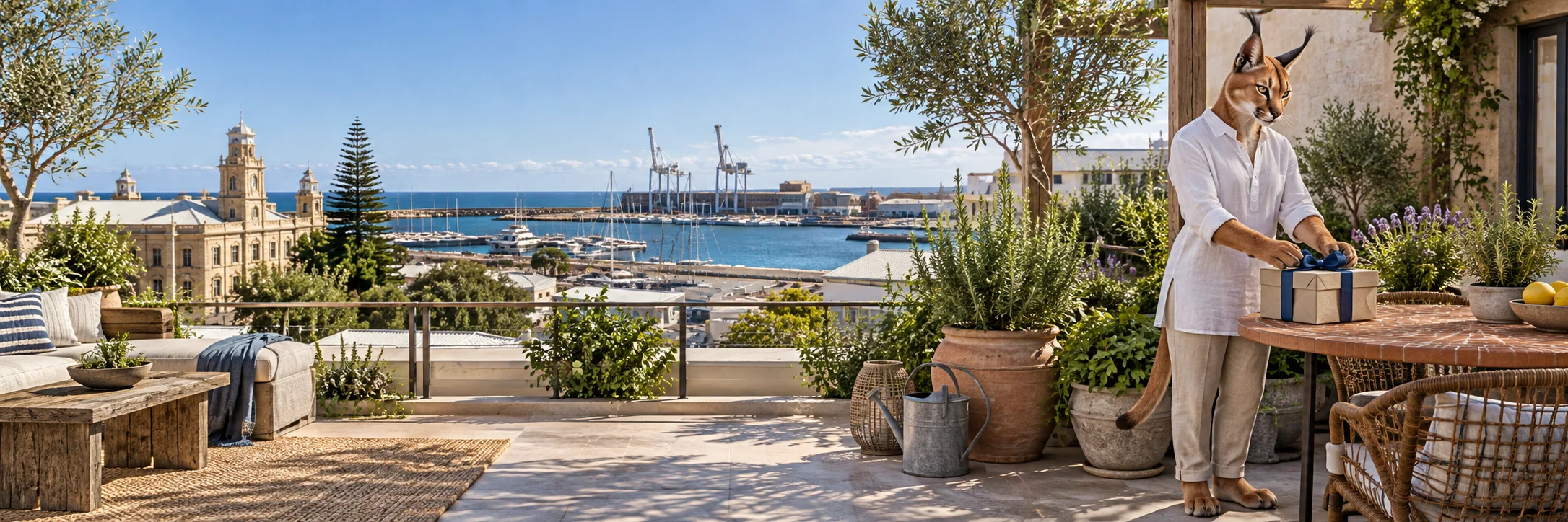 Caracal setting a gift on a terracotta table, Fremantle sunny rooftop herb garden.