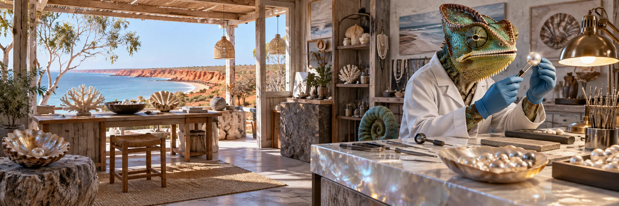 Chameleon examining a pearl, jewellery atelier in Broome with pearlescent workbench.