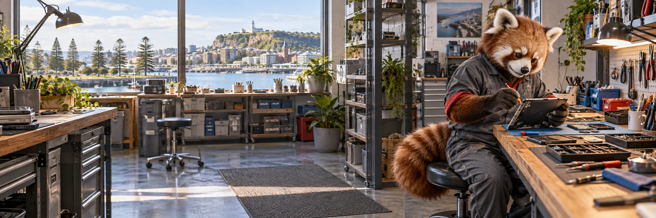 Red panda repairing a small tablet, electronics repair shop in Newcastle, daylight at long bench.