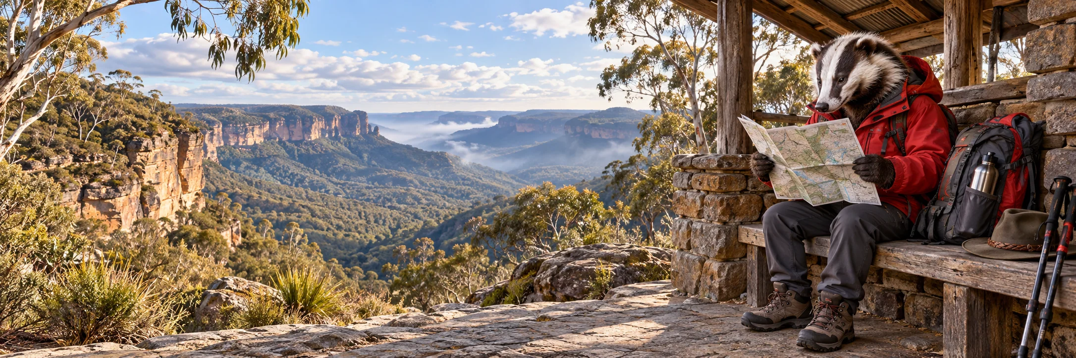 Badger studying a folded trail map, Blue Mountains hiking shelter with eucalyptus valley views.